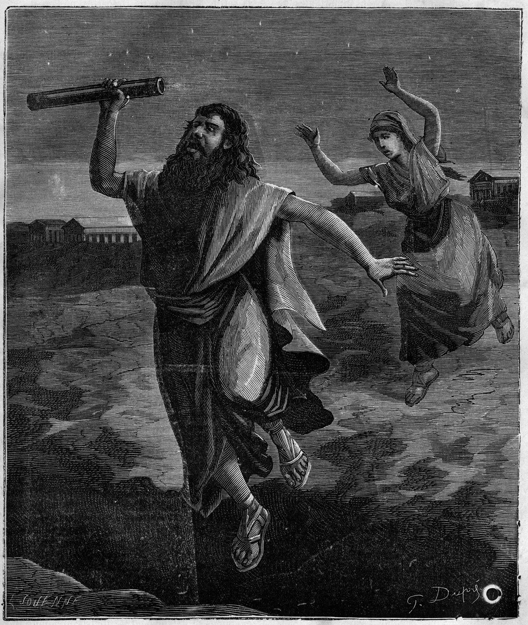 Thales of Miletus matematik a řecký filozof (625 př.nl - 546 př.nl): „Neviděl pod nohama otevřenou jámu a nechal se zchladit““ od French School