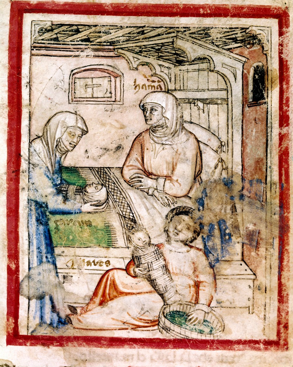 Thamar (Tamar) porodí dvě dvojčata, Perets a Zerah, syna Judova, miniaturu z kodexu 212 (nebo padovanského kodexu nebo Bible z Padovy) 1390-1400 od French School