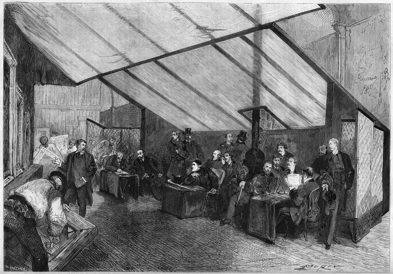 Salon 1872: zasedání poroty obrazů. Zprava doleva jsou Meissonnier, Ph. Rousseau, Breton, G. Boulanger, Robert Fleury (Robert-Fleury), Fromentin, Jalabert, Mazerolles, Brion, Bonnat, Baudry, Dubuffe, Delauney, Cabat. Gravírování v „“ Le od French School