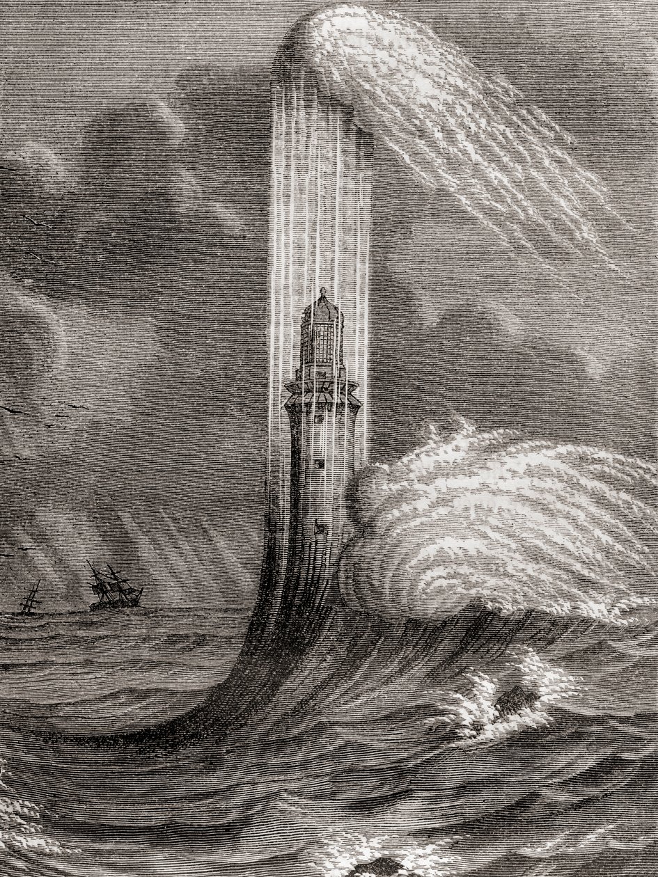 Eddystonský maják z 18. století, postavený Johnem Rudyardem, Eddystone Rocks, poblíž Rame Head, Anglie, z „Les Merveilles de la Science“, vydáno kolem roku 1870 (rytina) od French School