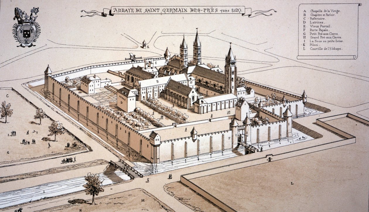 Opatství Saint-Germain-des-Prés kolem roku 1520 (barevná rytina) od French School
