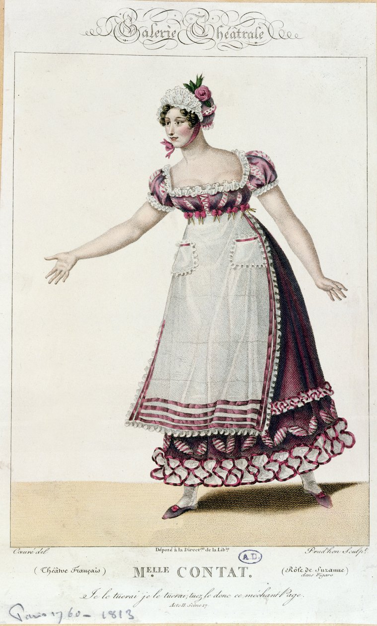 Herečka Mademoiselle Contact v roli Suzanne ve Figarově svatbě od Pierra Augustina Caron de Beaumarchais (1732-99) od French School