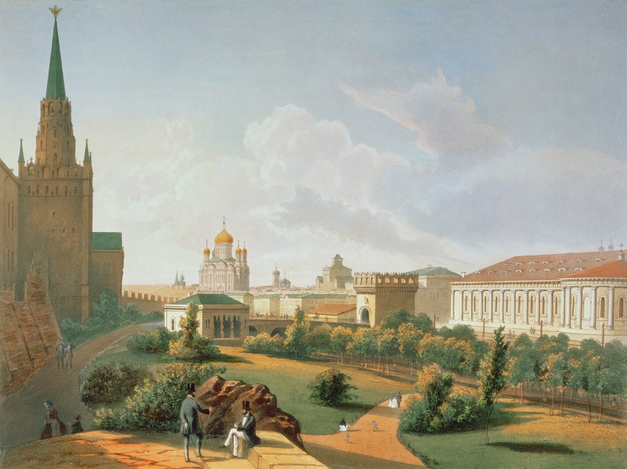 Alexandrova zahrada v Moskvě, tisk Jacottet a Bachelier, 1830 (barevná litografie) od French School