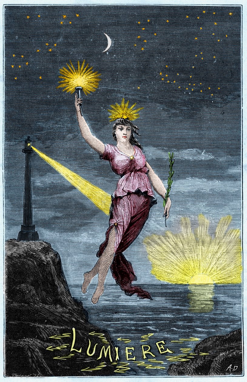 Alegorie světla – Allegorie de la Lumiere – rytina „Vědy dostupné všem – fyzika a chemie“ od Alexise Clerca – konec 19. století – soukromá sbírka od French School