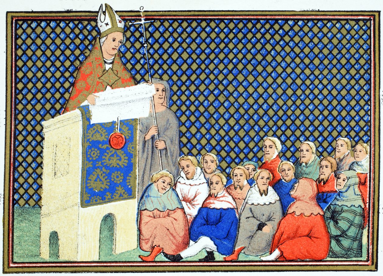 Arcibiskup z Canterbury káže anglické šlechtě proti Richardovi II., faksimile kopie z Le Prinse et Mort du Roy Richart od Jeana Cretona, přetištěno 19. od French School