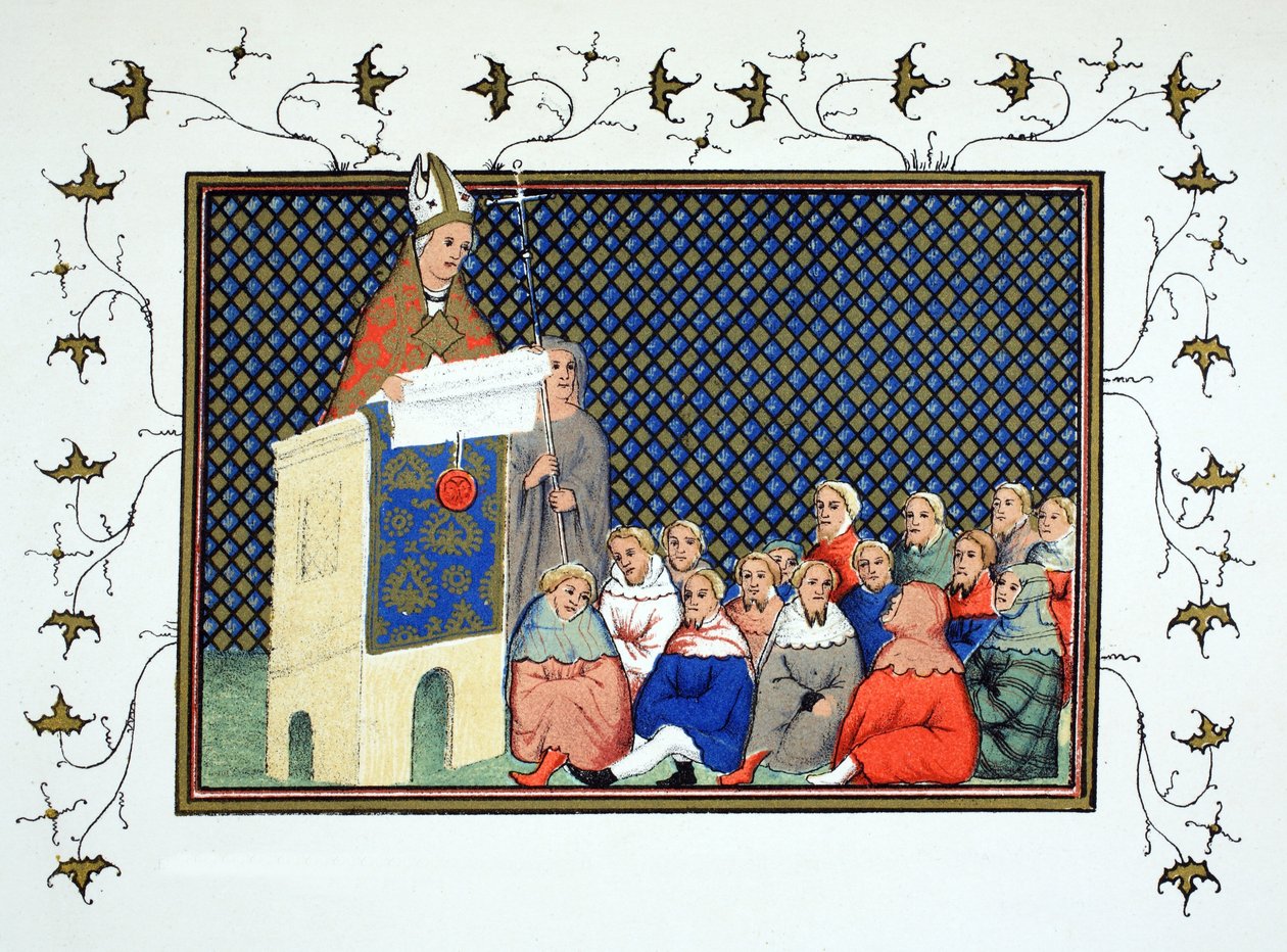 Arcibiskup z Canterbury káže anglické šlechtě proti Richardovi II., faksimile kopie z Le Prinse et Mort du Roy Richart od Jeana Cretona, přetištěno 19. od French School