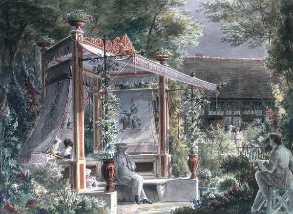 Architekt Jacques Ignace Hittorff (1792-1867) ve své zahradě v Paříži (kvaš na papíře) od French School