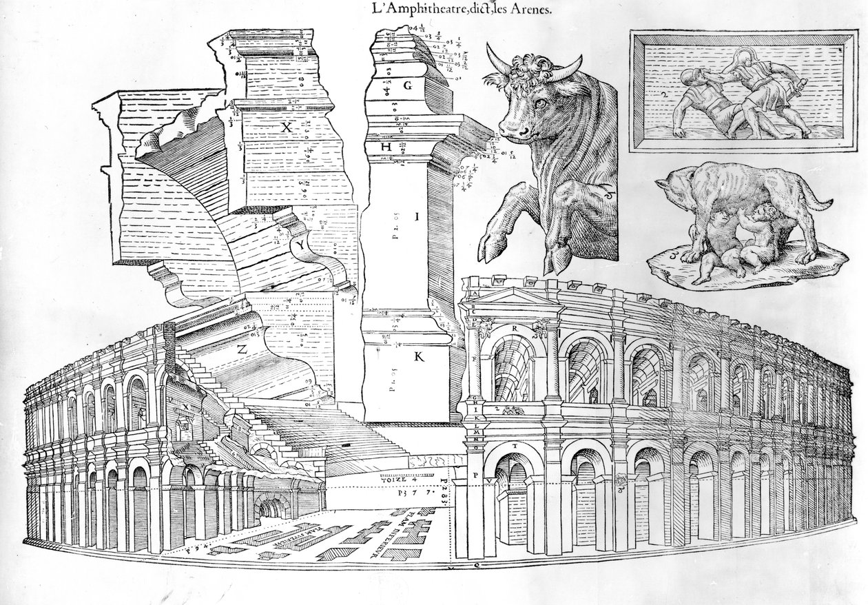 Aréna Nimes, ilustrace z Discours historial de lantique et llustrious cite de Nismes od Jean Poldo dAlbenas, vydané v roce 1560 od French School