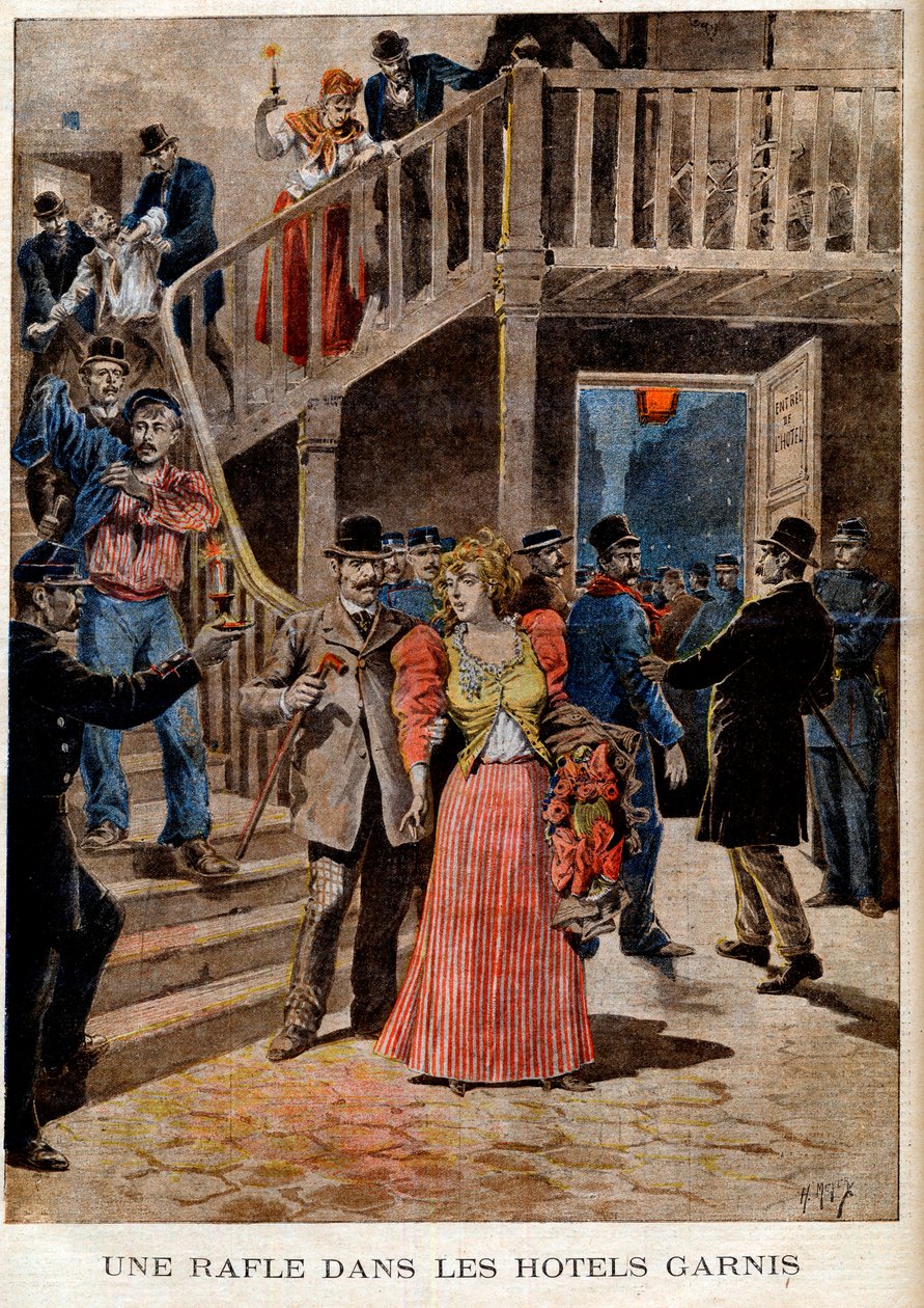 Zatčení prostitutek v pařížských hotelech (penzion) - Přehled vyplněných hotelů - v „Le Petit Journal“ z 4.8.1895 (rytina) od French School