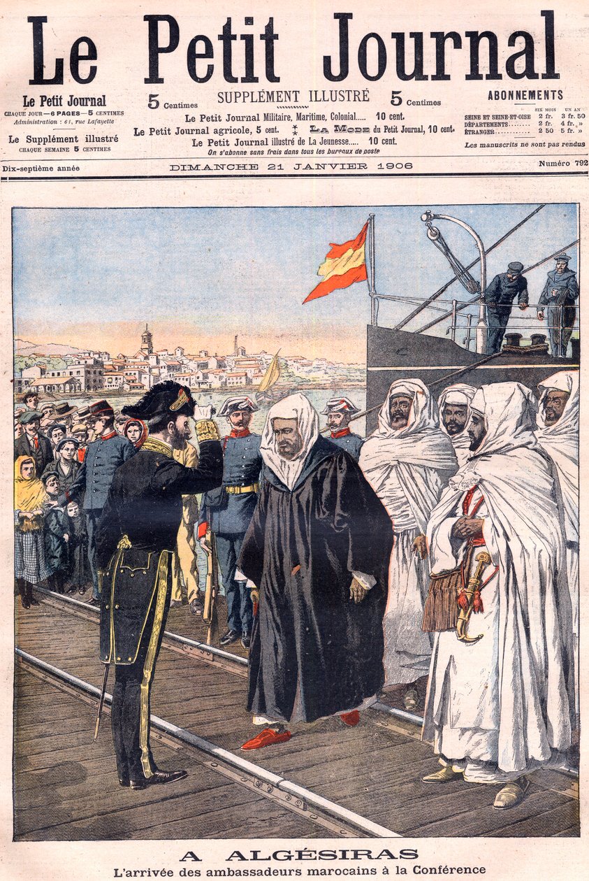 Příjezd marockých velvyslanců, včetně Sidi-Mohammeda Torrese na konferenci v Algeciras, z „Le Petit Journal“, leden 1906 – Mezinárodní konference evropských mocností a Spojených států se konala k projednání vztahu Francie s Marokem od French School