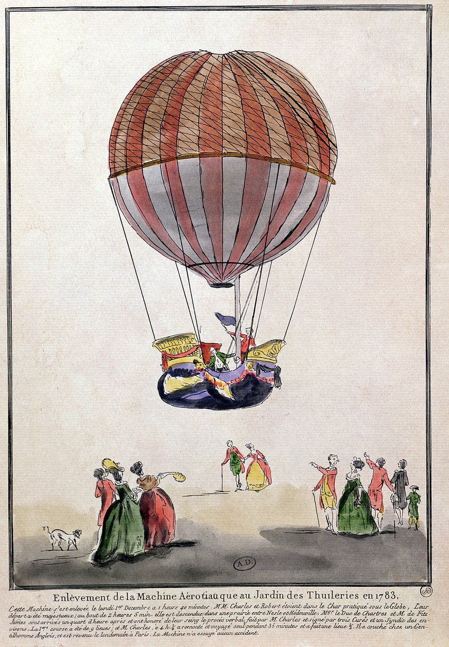Výstup na Aerostat v Jardin des Tuileries, 1. prosince 1783 (pero, inkoust a wc na papíře) od French School