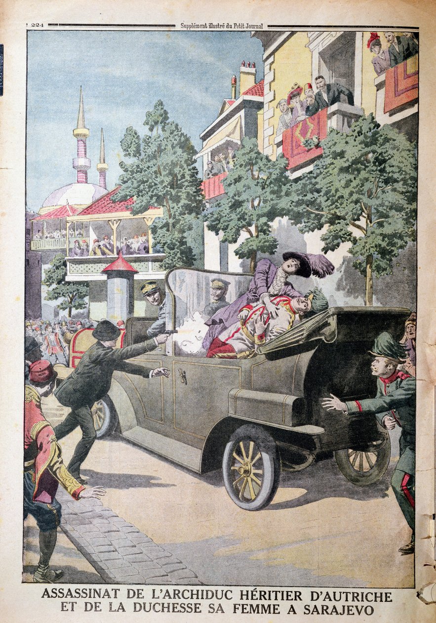 Atentát na rakouského arcivévodu Františka Ferdinanda (1863-1914) a jeho manželku, vévodkyni Žofii, spáchaný Gavrilo Principem (1895-1918) v Sarajevu 28. června 1914, z Le Petit Journal, 12. července 1914 (spoluautor). od French School
