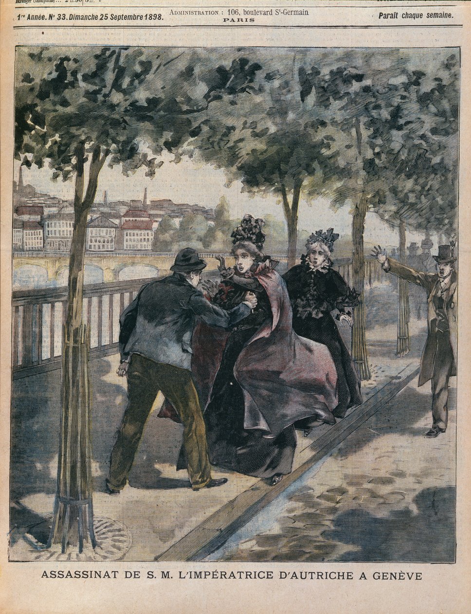 Atentát na rakouskou císařovnu Alžbětu (1837-98) v Ženevě, obálka LAnnee Illustree, 25. září 1898 (barevná rytina) od French School