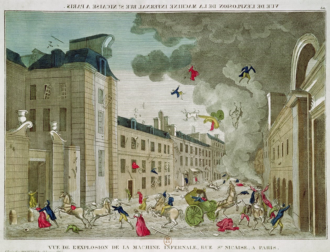 Pokus o atentát na Napoleona Bonaparta (1769-1821) na Rue Saint-Nicaise, Paříž, 24. prosince 1800 (barevná rytina) od French School