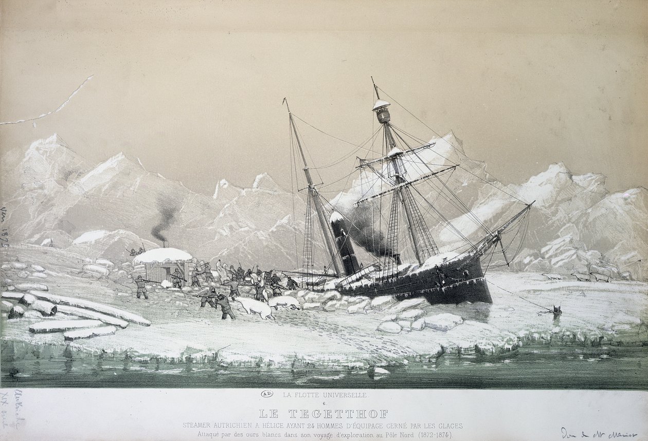 Rakouský šroubový parník Tegetthoff uvízlý v ledu a napaden ledními medvědy během průzkumné cesty k severnímu pólu 1872-4 od French School