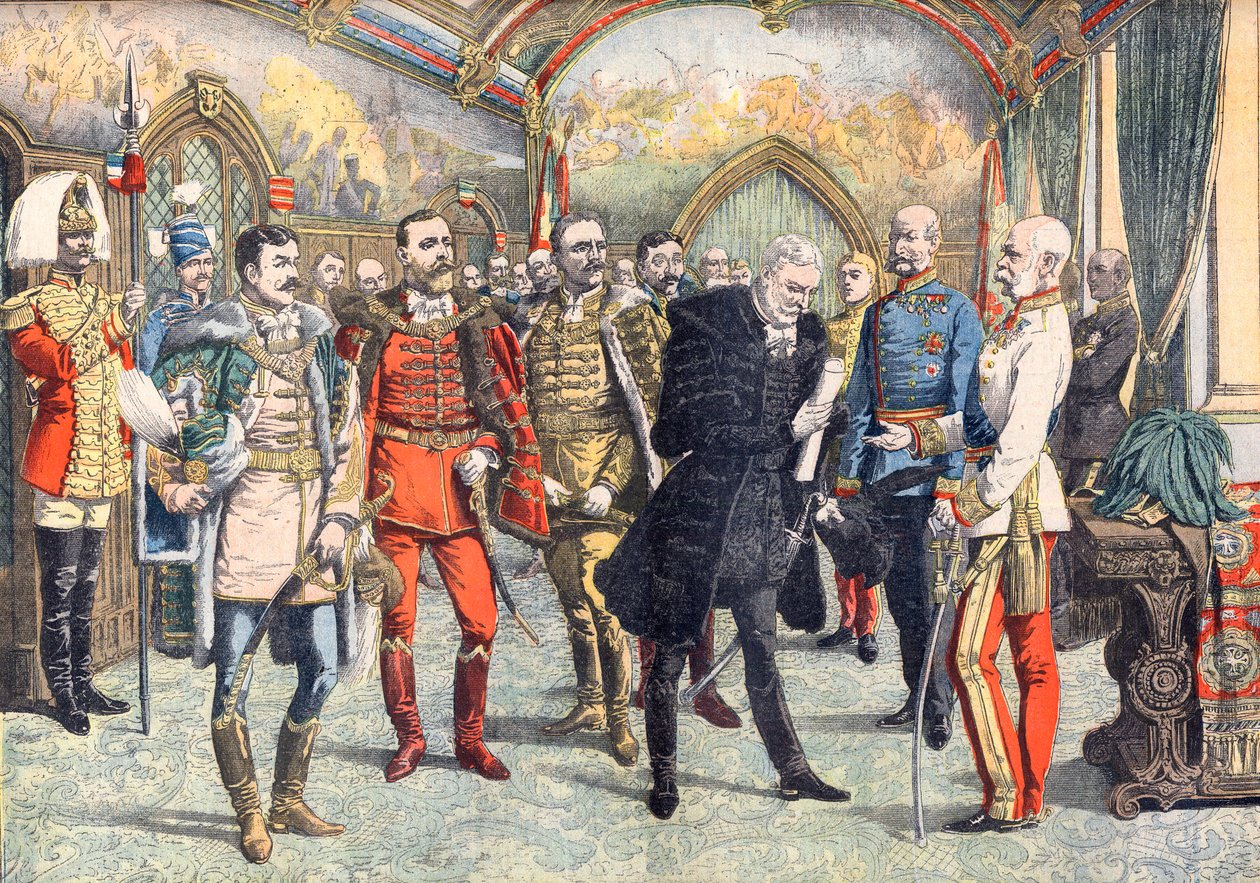 Rakousko-uherská krize. Císař František Josef I. přijímá uherské barony s žádostí o všeobecné volební právo v Uhrách. Ilustrace pro Le Petite Journal od French School