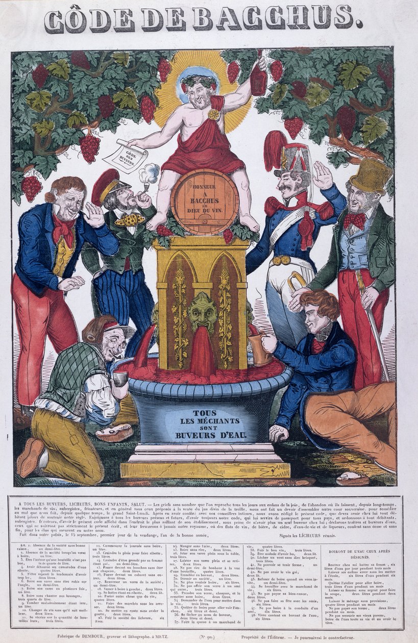Bakchův kodex, Všichni nepříjemní lidé pijí vodu, karikatura o alkoholismu, Imagerie de Metz, kolem roku 1840 od French School