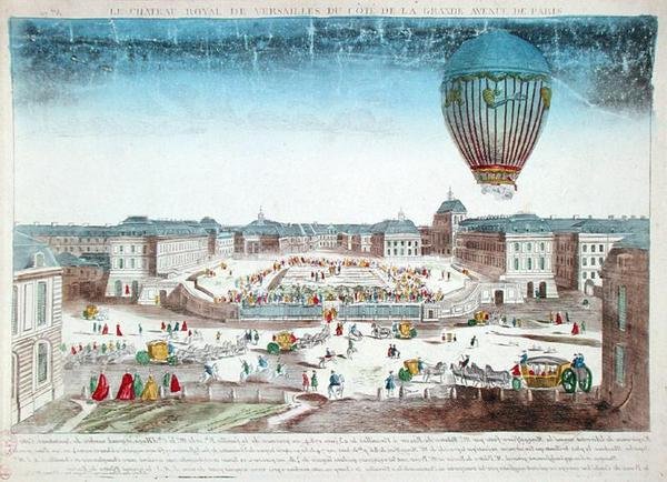 Plavba balónem Francoise Pilatre de Rozier (1754-96) přes zámek Versailles, 23. června od French School