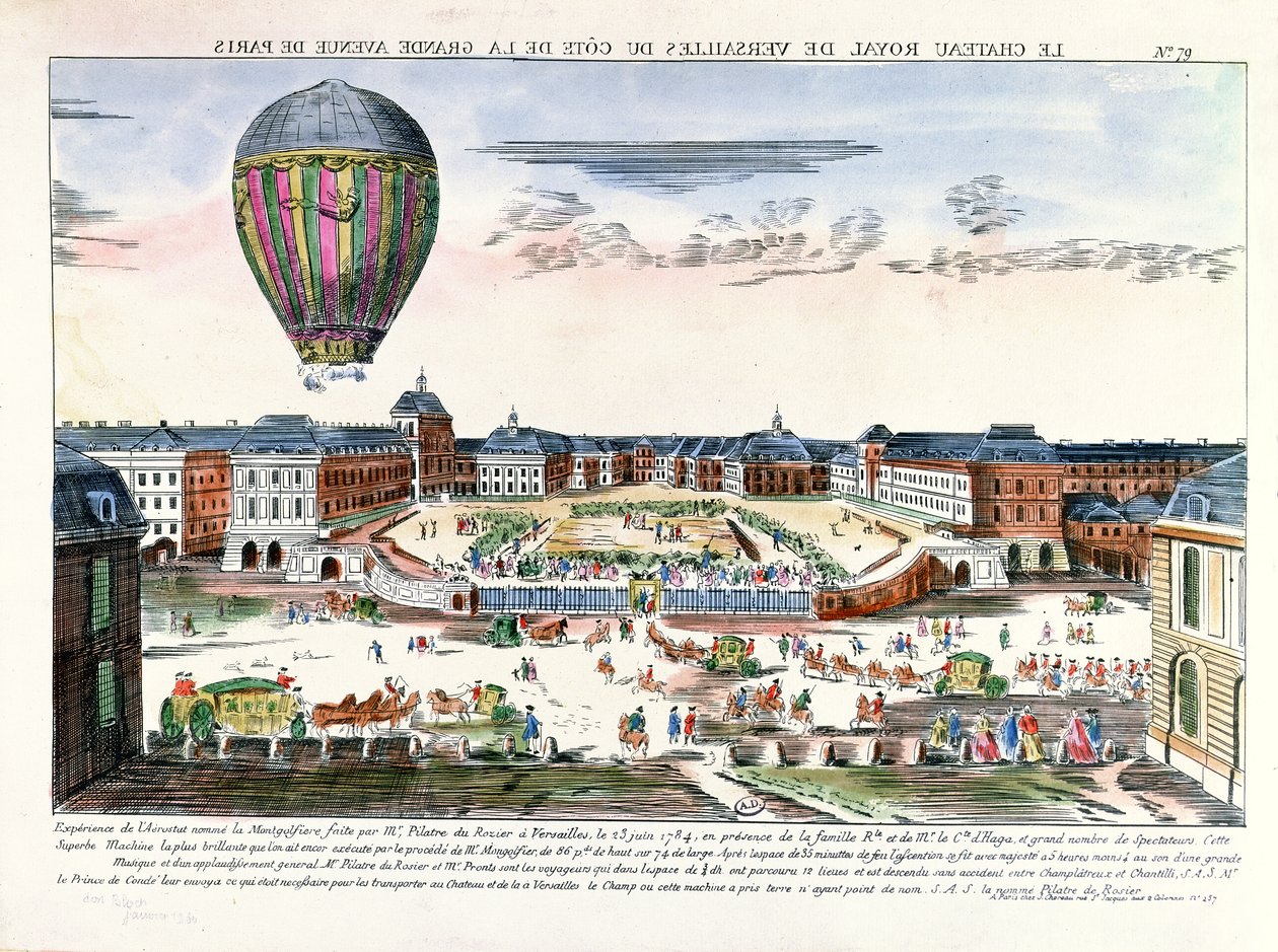 Plavba balónem Francois Pilatre de Rozier (1754-96) přes zámek Versailles, 23. června 1784 od French School