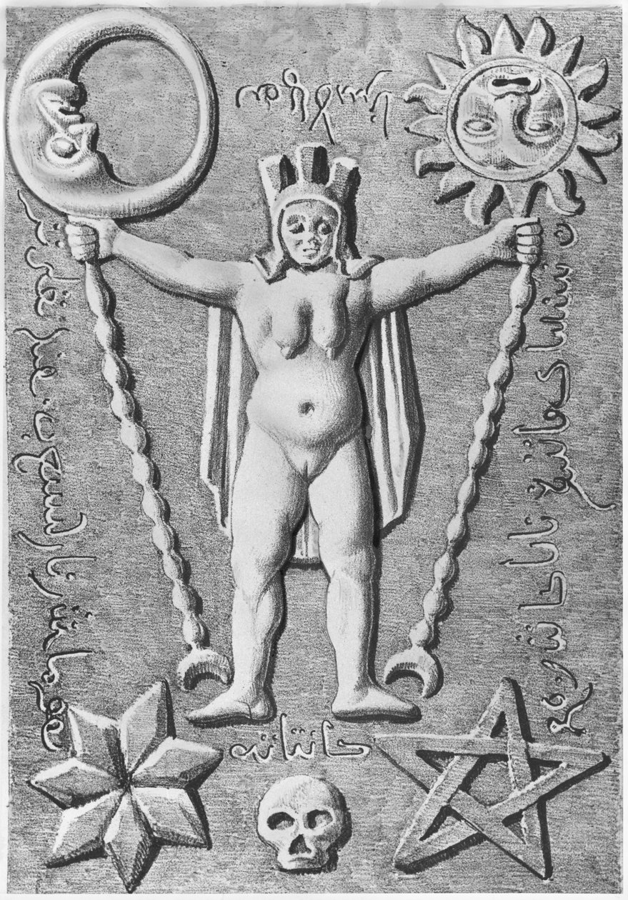 Baphomet templářů, kopie kamenné rakve nalezené v Essarois (Burgundsko) od French School