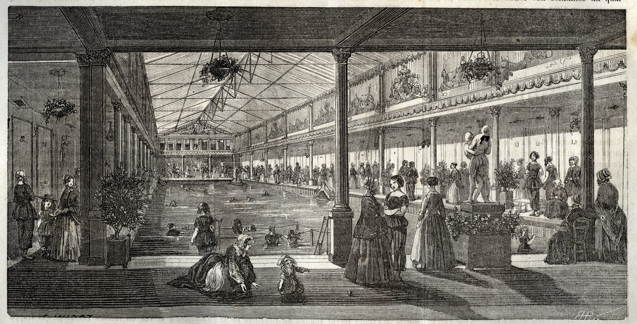 Lázně v hotelu Lambert, Ile Saint-Louis, Paříž, polovina 19. století - Hotel Lambert, Ile Saint-Louis, plavecká škola pro dámy - Bain Lambert - - Rytina v „Tableau-de-Paris“ od Edmonda Texiera 1852 od French School