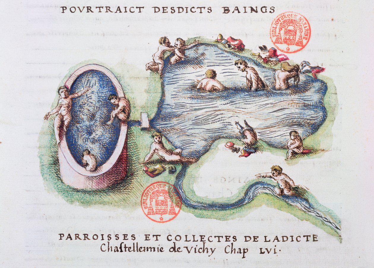 Lázně ve Vichy, od Generale Description du Bourbonnais od Nicolase de Nicolay (1517-83) 1569 (wc na papíře) od French School