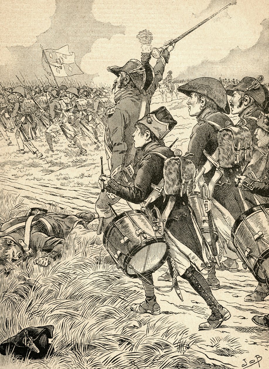 Bitva u Marenga, Itálie v roce 1800, bojovala mezi francouzskými silami pod Napoleonem Bonapartem a Rakušany. Z Agenda Buvard du Bon Marche publikované v roce 1917. od French School