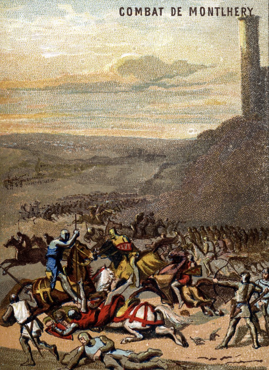 Bitva u Montlhery (1227): Království a feodalit - Blanche de Castille, regentka jeho syna Ludvíka IX., povstání velkého feudála. Chromolitografie řady „“Vlastenecká výchova obrazem““. od French School
