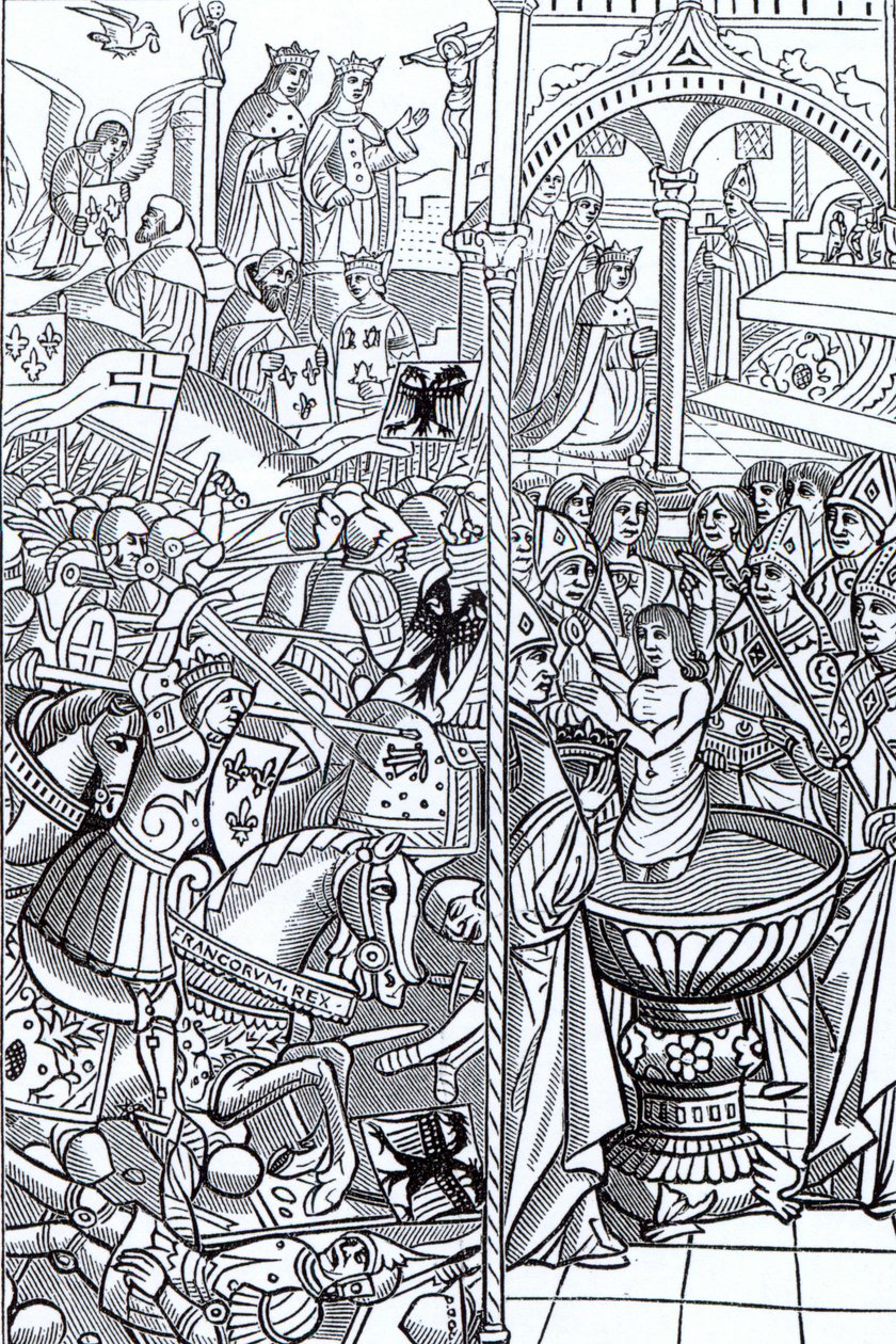 Bitva u Tolbiacu a křest krále Chlodvíka, z „Mirouer Historial de France“, vydané v roce 1516 od French School