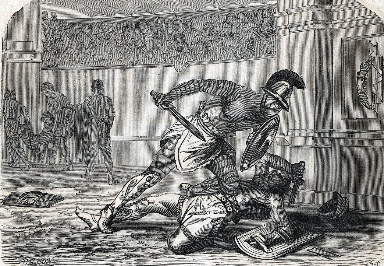 Bitva gladiátorů v aréně (rytina) 1864 od French School