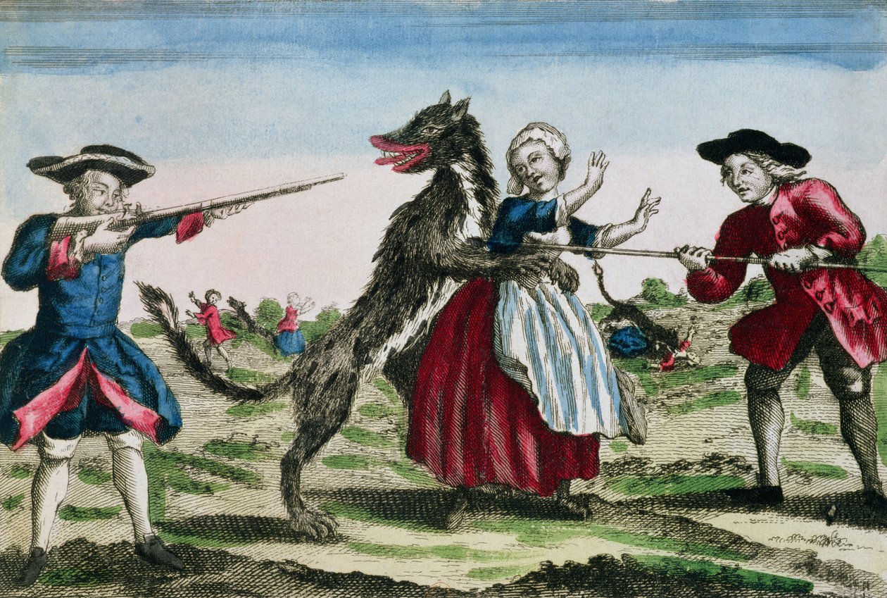 The Beast of Gevaudan, vydal Basset, 1764 (barevná rytina) od French School