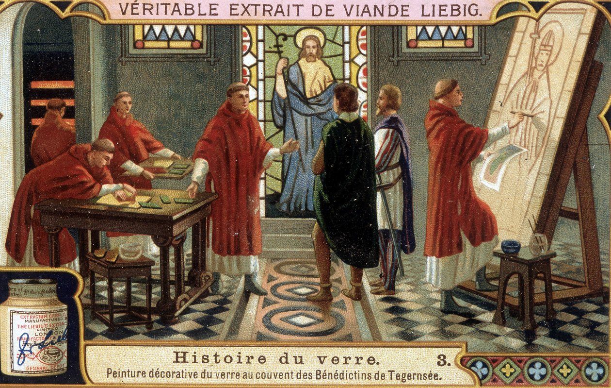 Sklo zdobí benediktinští mniši z kláštera Tegernsee v Baviere (Německo). Liebigova chromolitografie 19. století. od French School