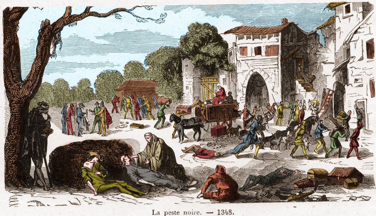 Černý mor v roce 1348. Rytina v „Histoire De France En Cent Paintings od Paula Lehugeura“ 1891. od French School
