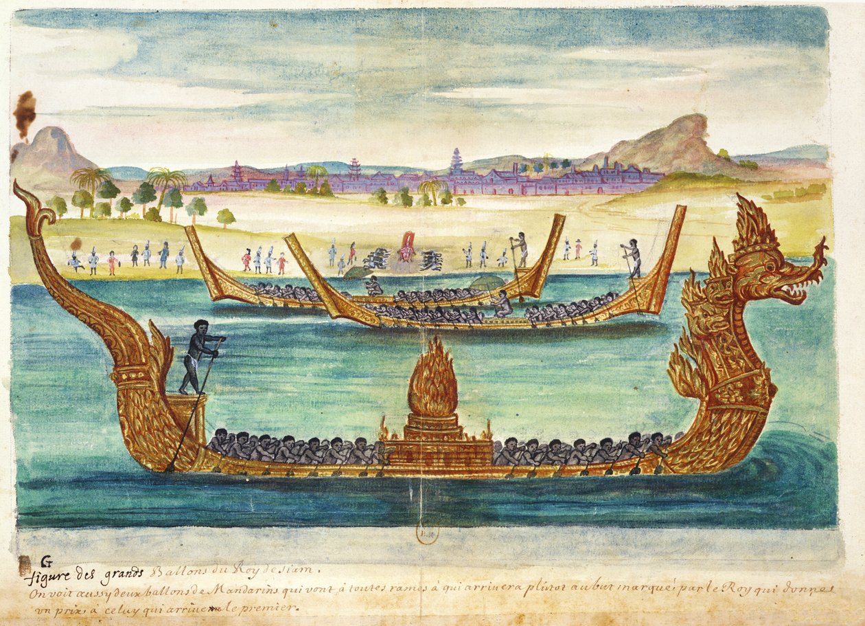 Lodě krále Siamu, z popisu jezuitů v Siamu, 1688 (wc na papíře) od French School