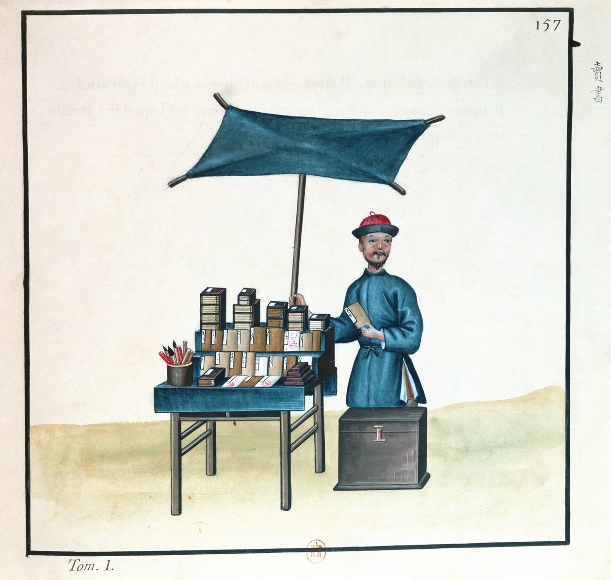Prodavač knih, z knihy o pouličních hovorech v Pekingu, asi 1785 (čb a kvaš na papíře) od French School