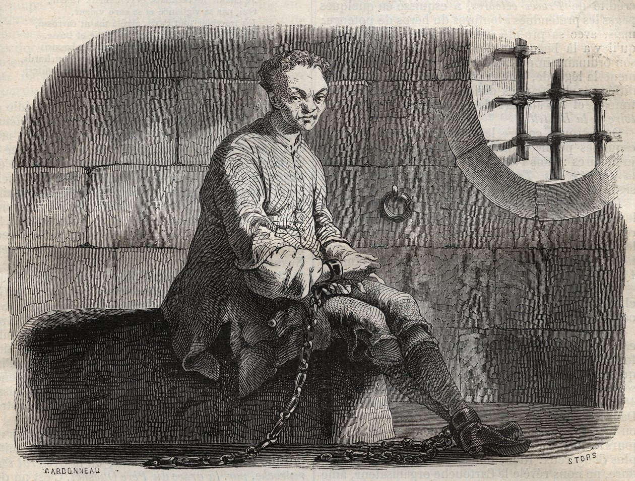 Brigand Louis Dominique Garthausen dit Cartridge (1693-1721) ve vězení - rytina do „“ Causes celebres de tous les peuple““ od Armanda Fouquiera (1817-18?) 1858-1867 - soukromá sbírka od French School