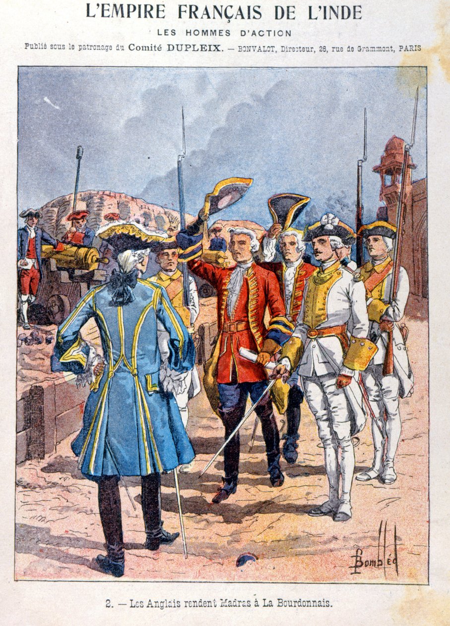 Britové vzdávají Madras francouzskému veliteli Mahe de la Bourdonnais 21. září 1746, obálka školního sešitu, kolem roku 1900 od French School