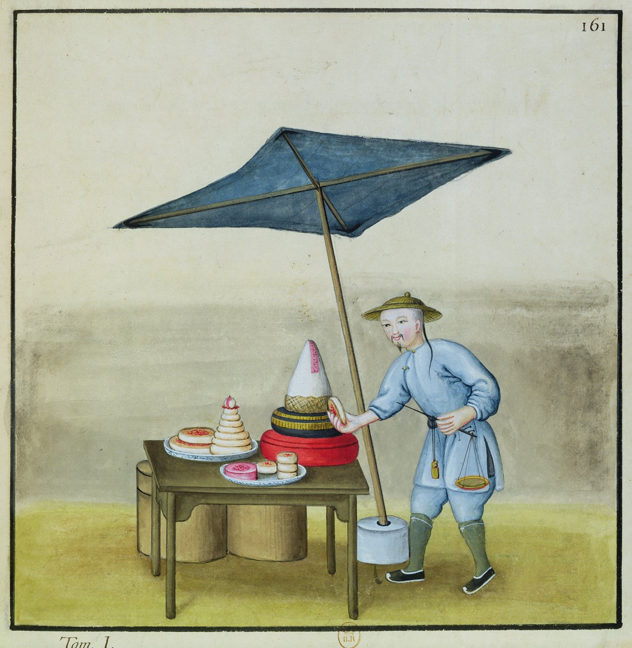 Prodejce dortů, z knihy o ulicích v Pekingu, kolem 1785 (wc a kvaš na papíře) od French School