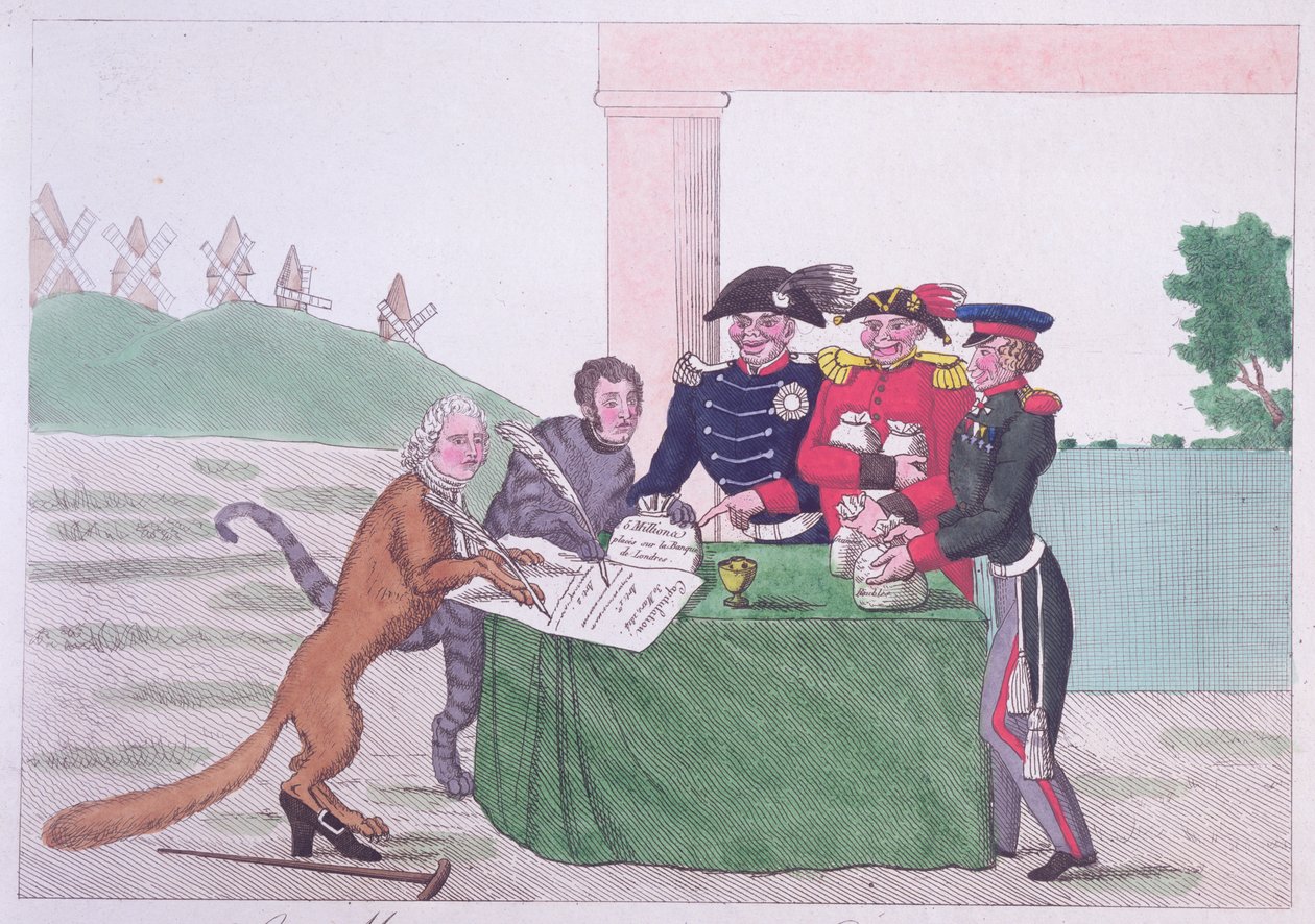 Kapitulace, karikatura Charlese Maurice de Talleyrand-Perigord (1754-1838) 30. března 1814 od French School