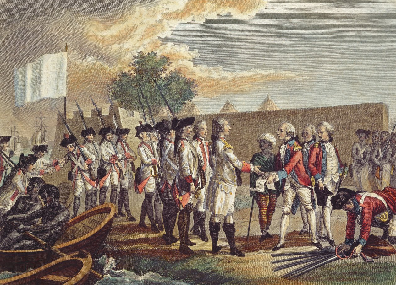 Zajetí Senegalu, vyryl Nicholas Ponce (1746-1831) 1799 (barevná rytina) od French School