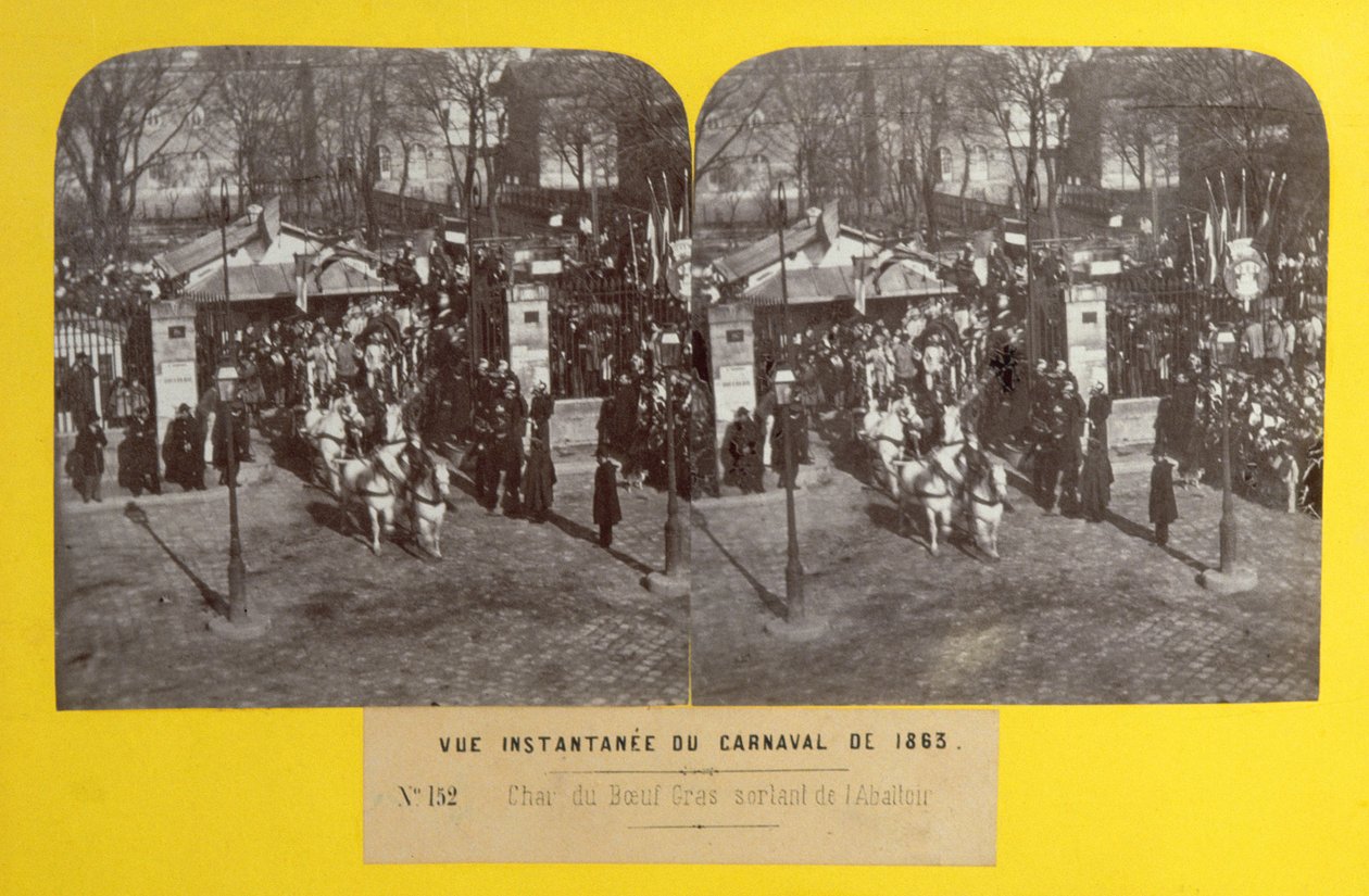 Karneval roku 1863 v Paříži, plovák tlustého vola opouštějící jatka, stereoskopický pohled, 1863 od French School