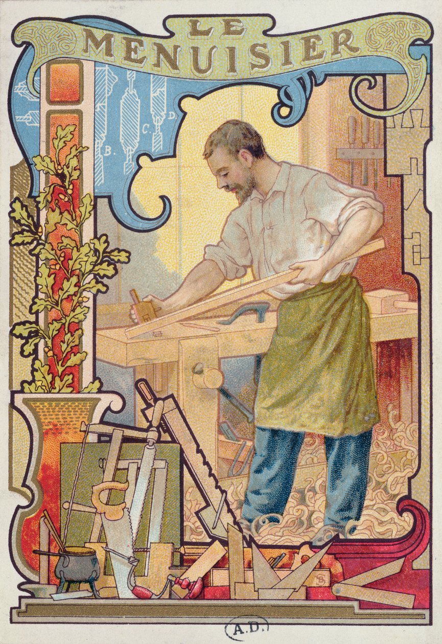 The Carpenter, ilustrace z knihy o řemeslech, c.1899 od French School