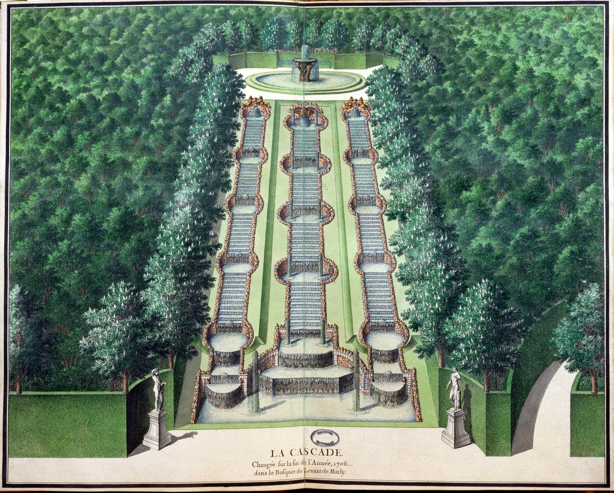 Kaskáda, upravená na konci roku 1706, v háji na kopci, z Gardens of Marly, počátek 18. století (wc na papíře) od French School