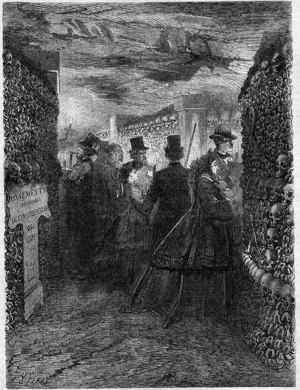 Pařížské katakomby v roce 1865: Návštěva galerií Ossuaire. od French School