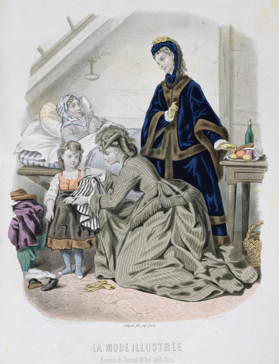 Charitativní návštěva, ilustrace z La Mode Illustree, kolem roku 1870 (barevná rytina) od French School