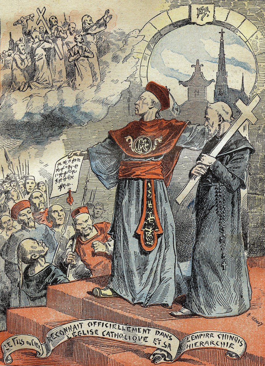 Čínský císař Guangxu (Kouang-siu nebo Kouang Siu) (1872-1908) oficiálně uznal katolickou církev a její hierarchii. Rytina v “” Le Pelerin”” 25/05/1899. od French School