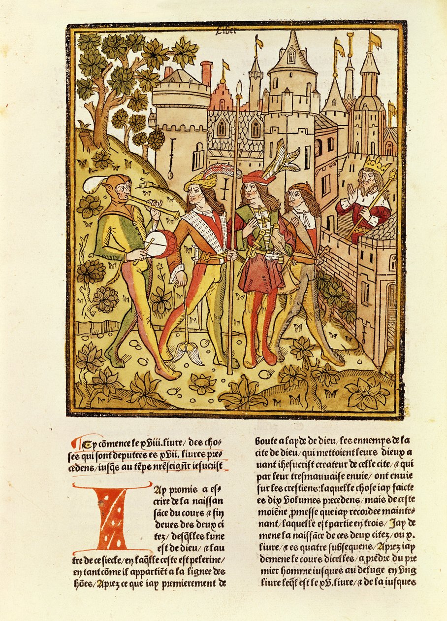 Město Boží a město tohoto století, z La Cite de Dieu, 1486-87 (xylograf) od French School