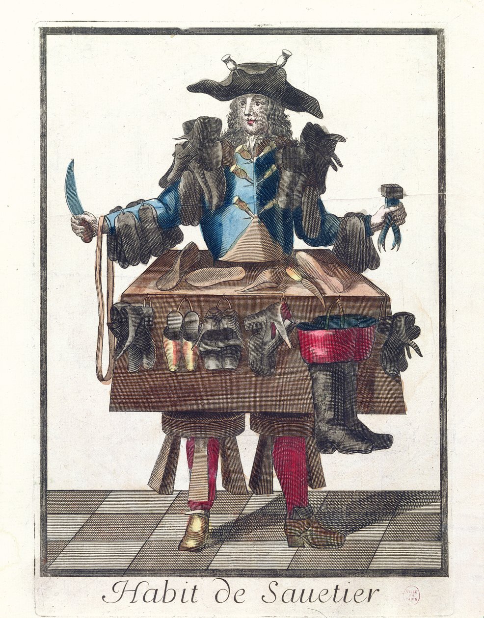 The Cobbler, alegorický kostýmní návrh, podle obrazu vyrytého jedním z rodiny Larmessinů, kolem 1640-84 od French School