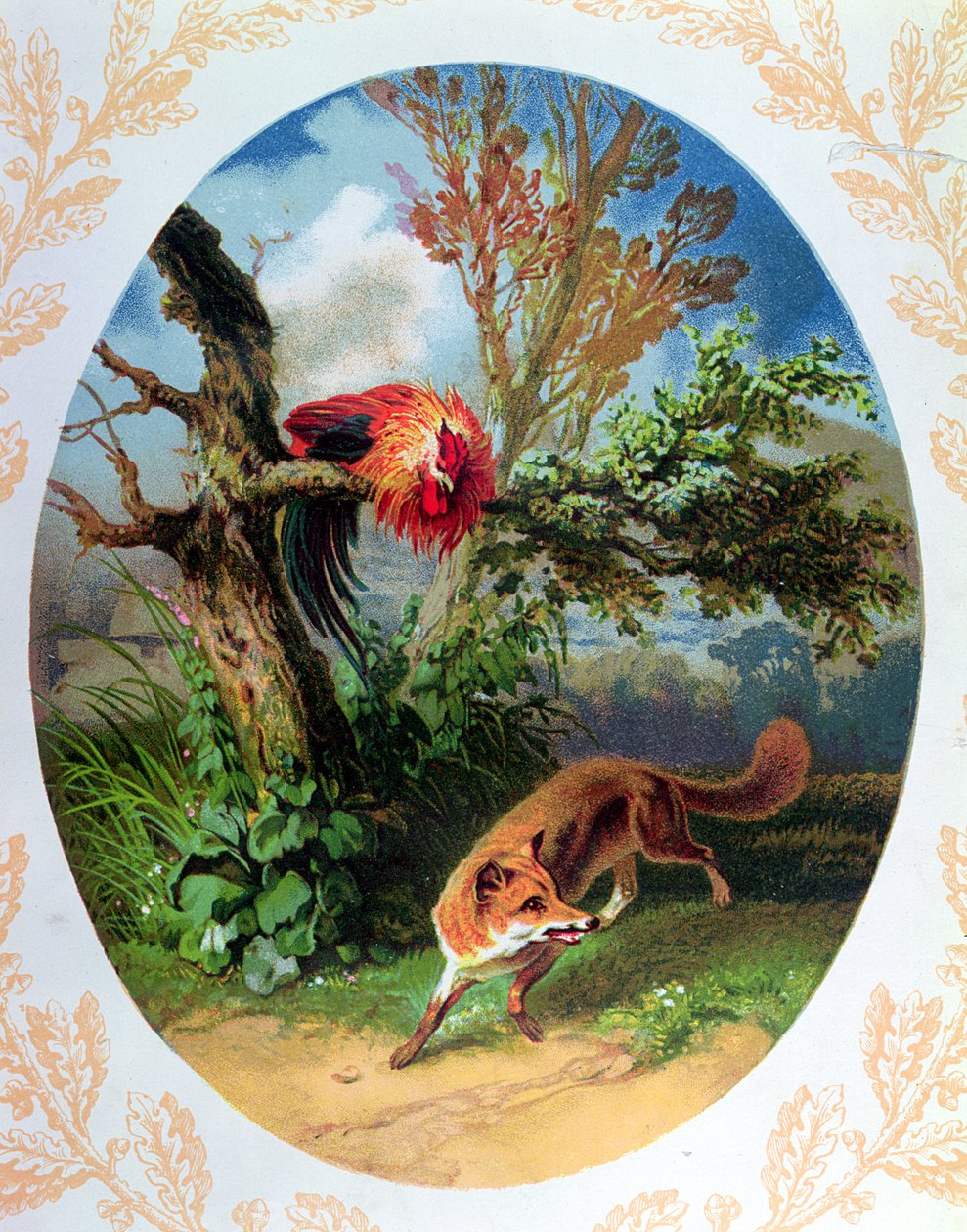 Kohout a liška, ilustrace podle bajky Jean de la Fontaine (1621-95) kolem 1860-80 od French School