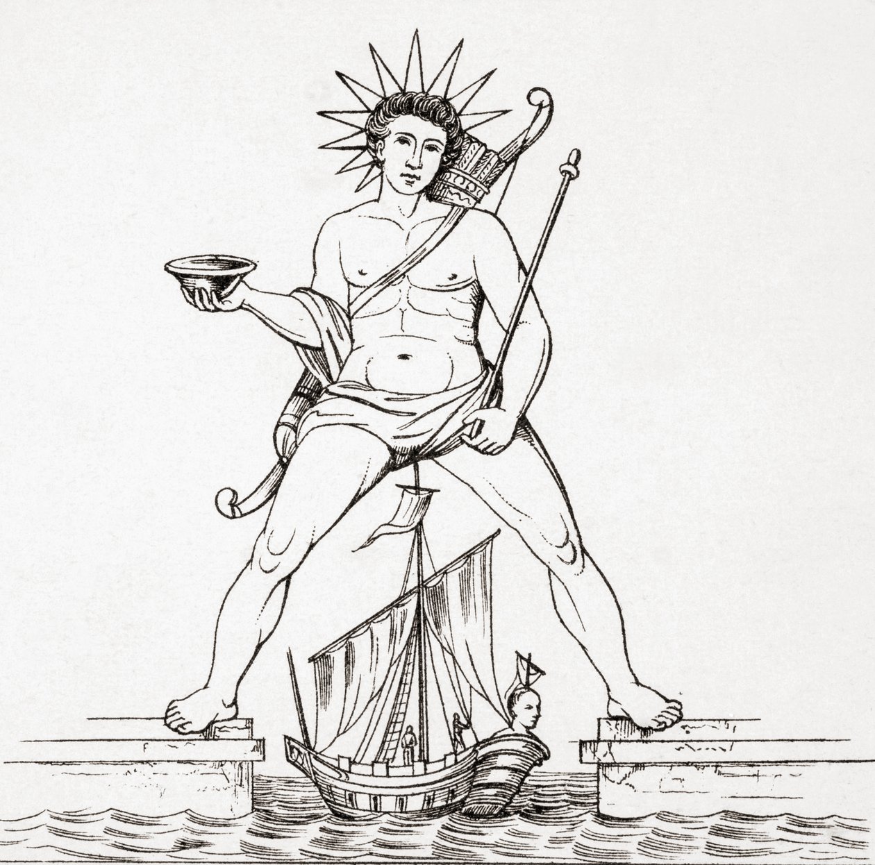 The Colossus of Rhodes, from Ancient and Modern Universal History, vydaný ve Štrasburku kolem roku 1860 (rytina) od French School
